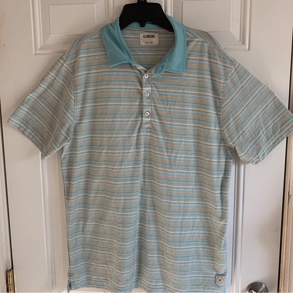 Linksoul Golf Polo Shirt Men’s Large Green Stripe Tempus Fugit Aloha Outdoor